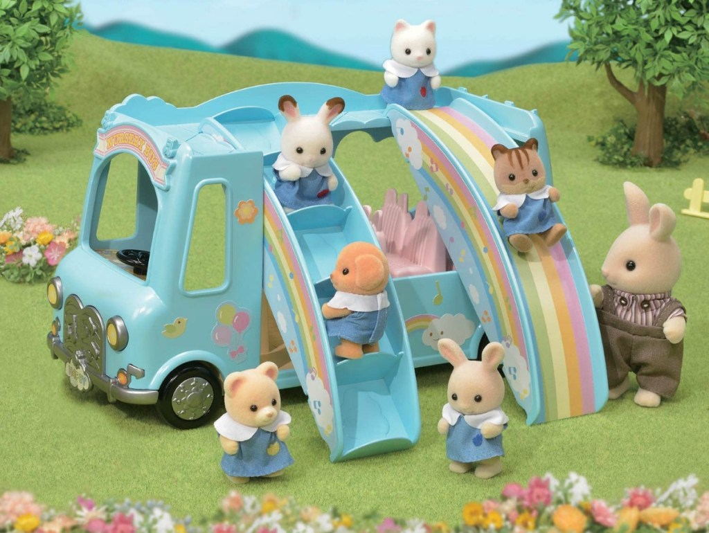 animal toys on a toy bus