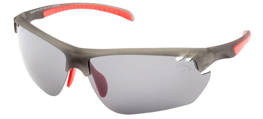 grey and black pair of sunglasses with red interior
