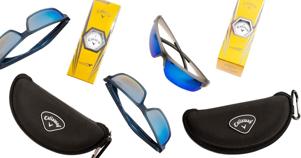 three pairs of mens sunglasses, two black sunglass cases, and two yellow boxes of golf balls