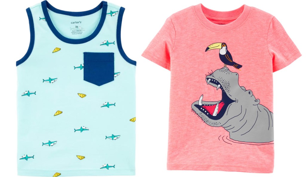 blue shark & taco print toddler boy tank top and light red hippo graphic tee