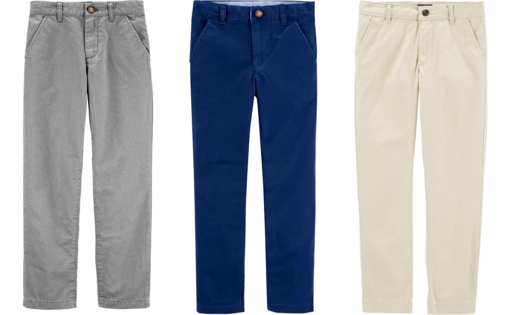 three pairs of boys uniform chino pants in light grey, blue, and khaki colors