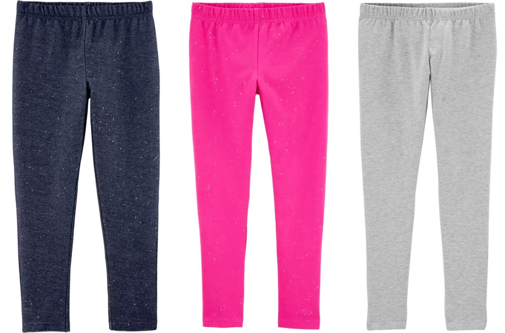 three pairs of girls leggings in navy blue, pink, and light grey colors