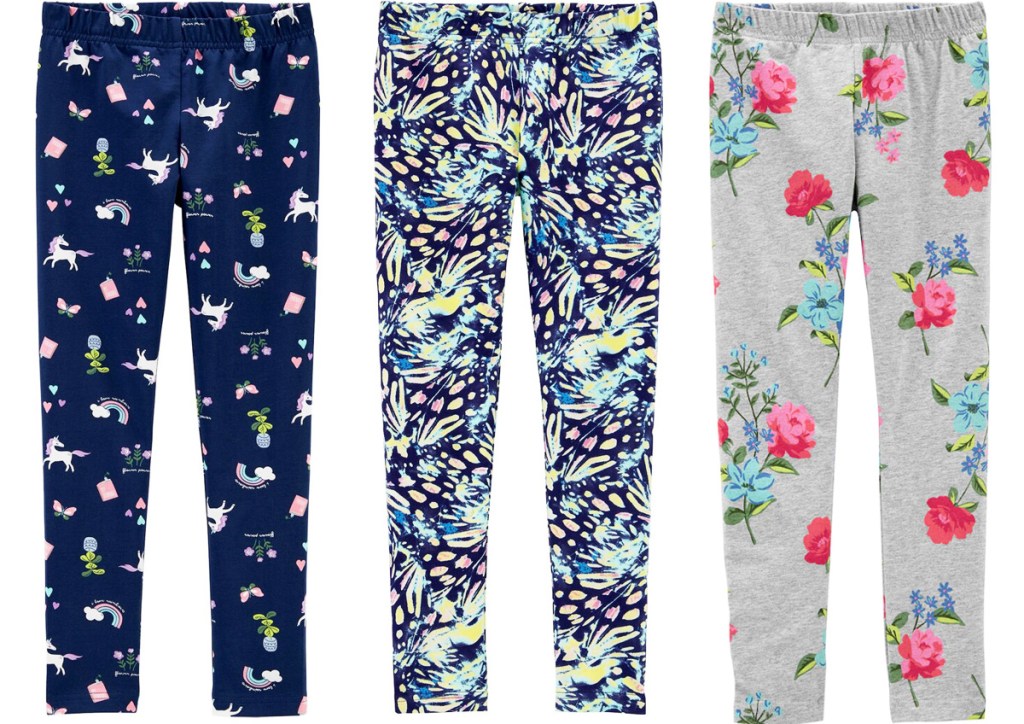 three pairs of girls leggings in unicorn, butterfly wings, and floral prints