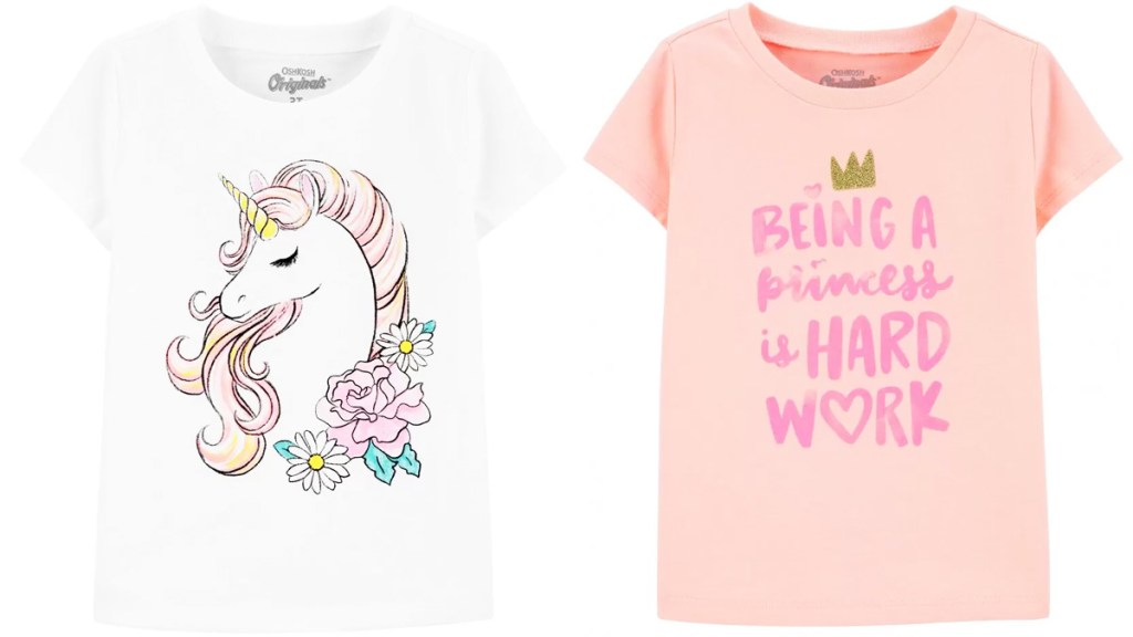 two girls graphic tees in white unicorn and pink princess themes