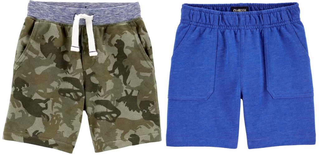 two pairs of toddler boys shorts in camo dino print and solid color blue