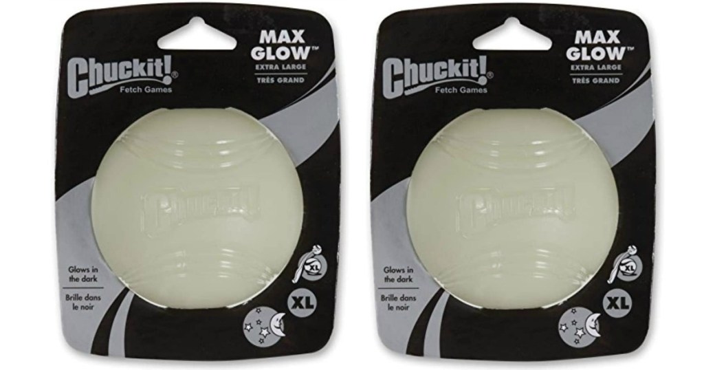 side by side stock images of packing with glow in the dark dog ball