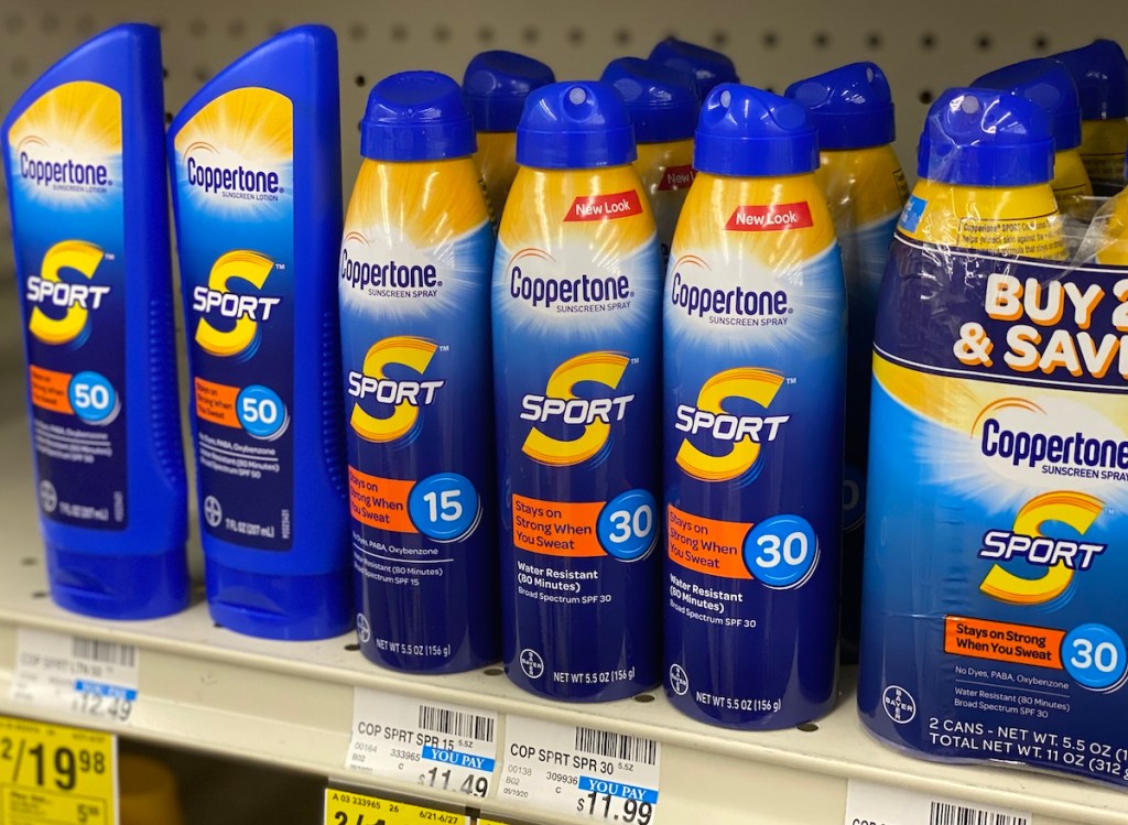 row of Coppertone sunscreens on shelf at CVS