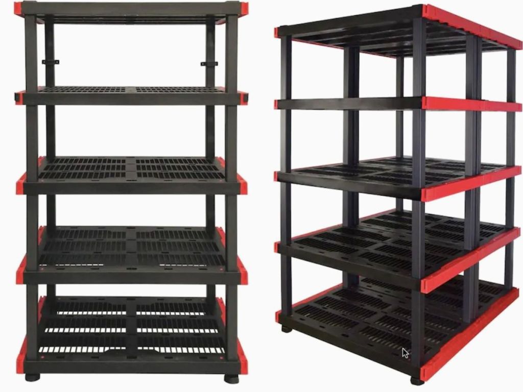 front and side view of 5-tier plastic storage shelf