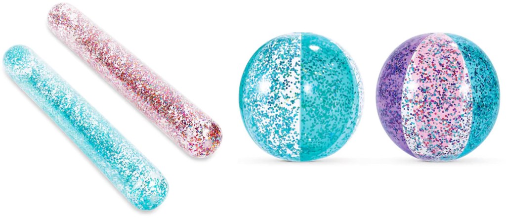 glittery inflatable pool noodles and beach balls