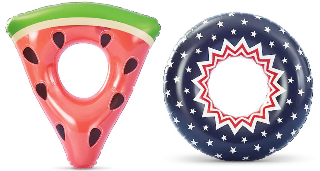 watermelon slice pool float and blue round pool float with white stars