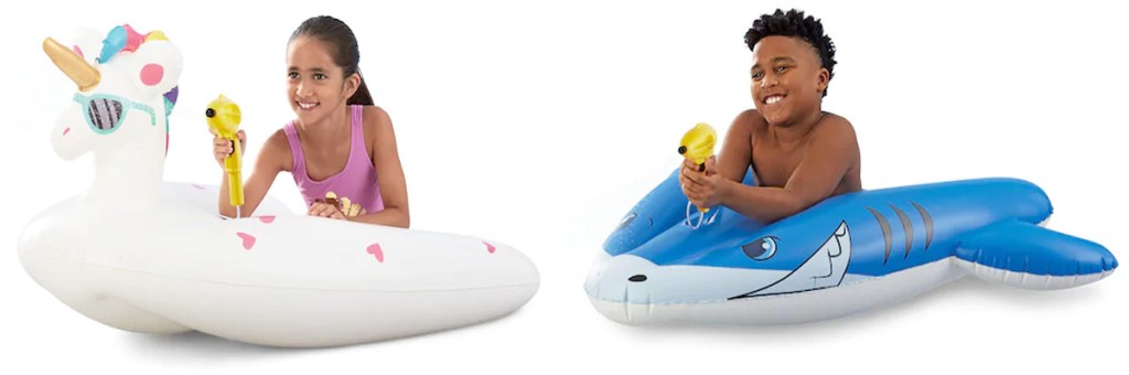 girl and boy laying on inflatable unicorn and shark pool toys with water guns