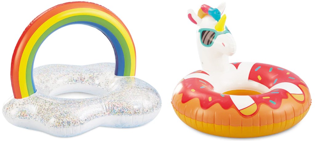 glittery cloud with rainbow pool float and unicorn on pizza pool float