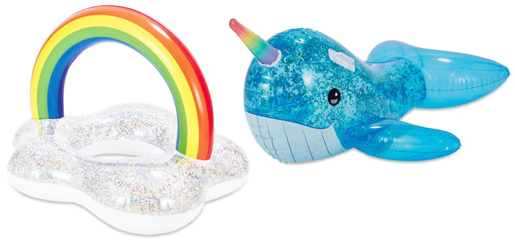 rainbow pool float with glitter cloud and blue glitter narwhal pool float