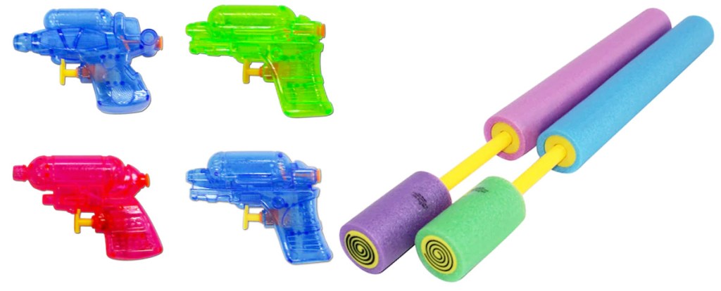 four mini water guns in various colors and two foam water launchers