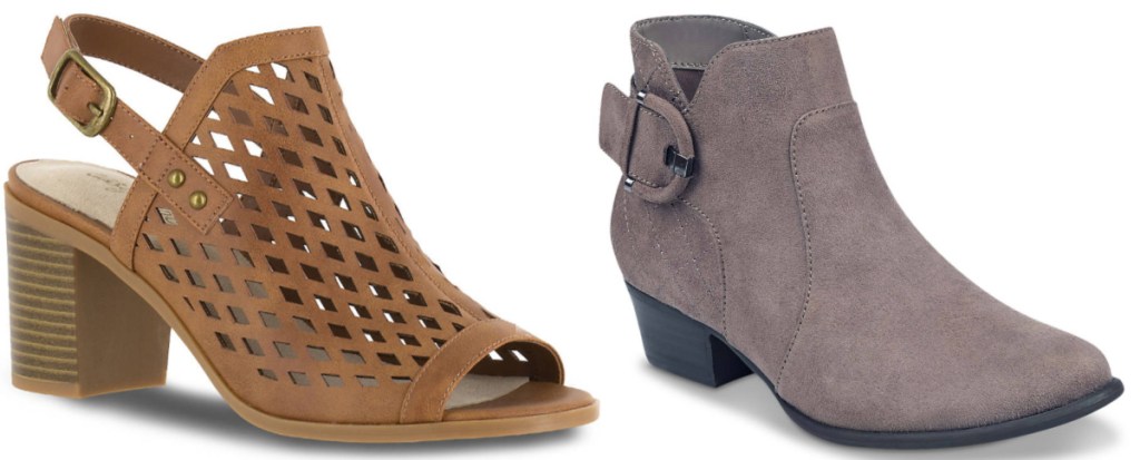 brown open toed sandals and gray booties with side buckle
