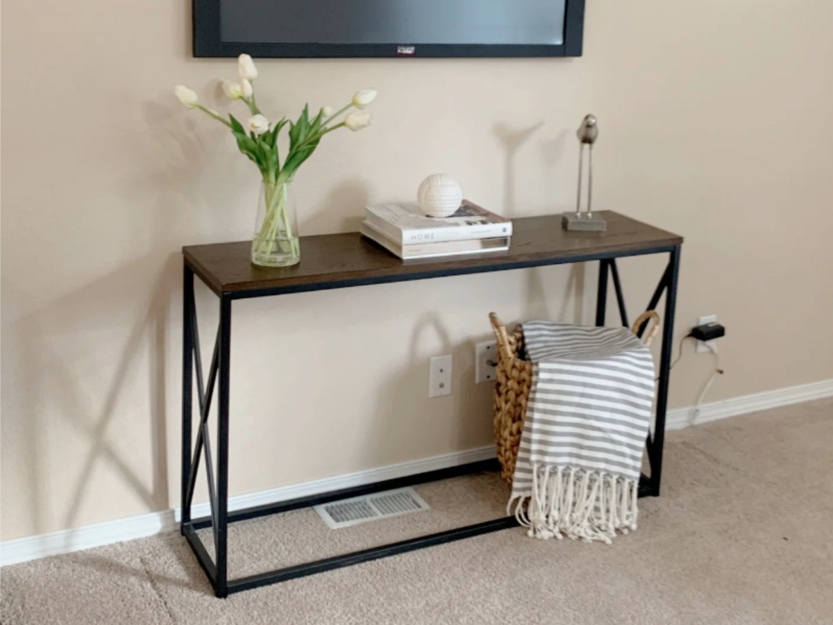 dark brown and black x base farmhouse console table