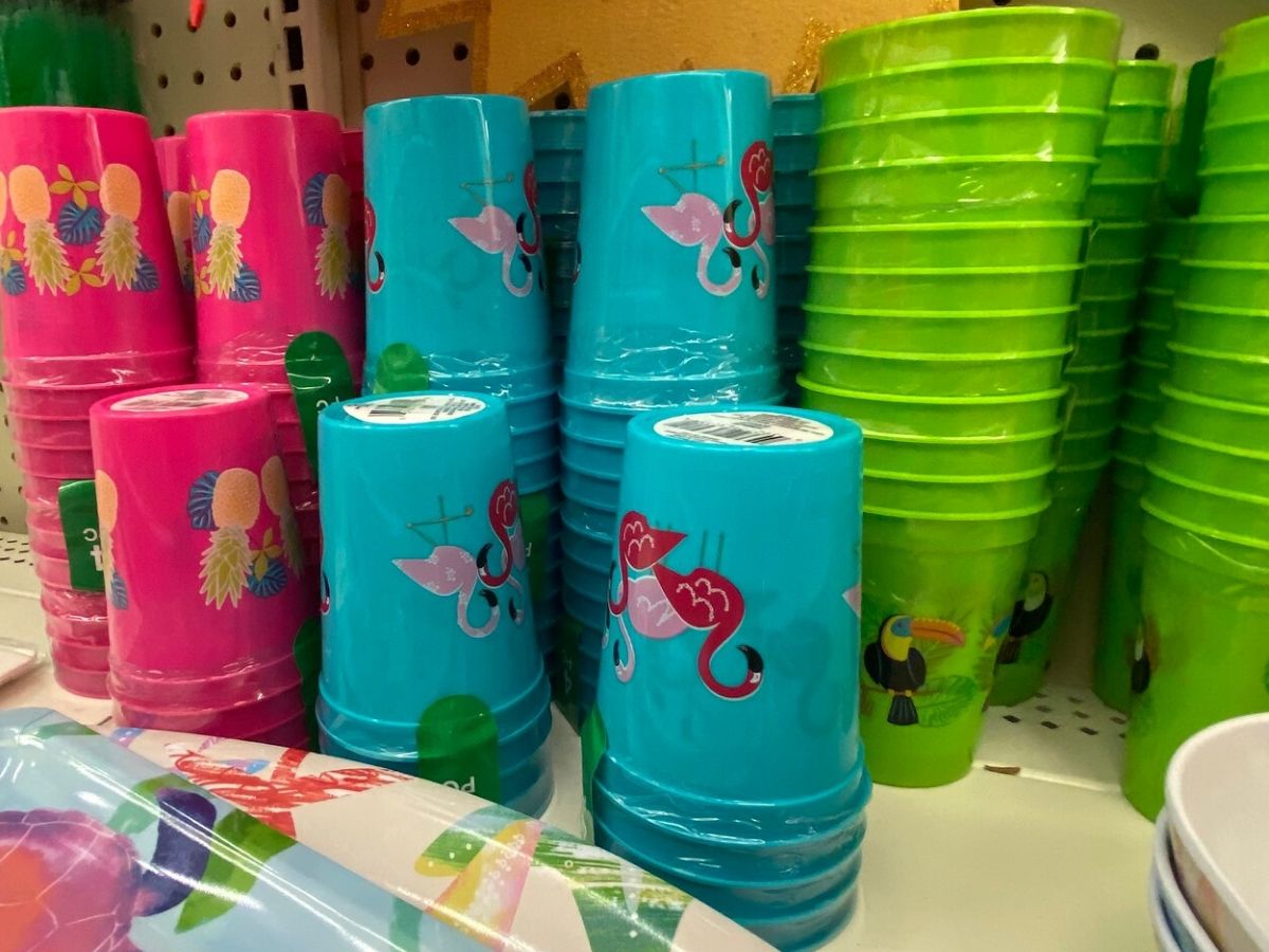stacks of plastic cups on store shelf