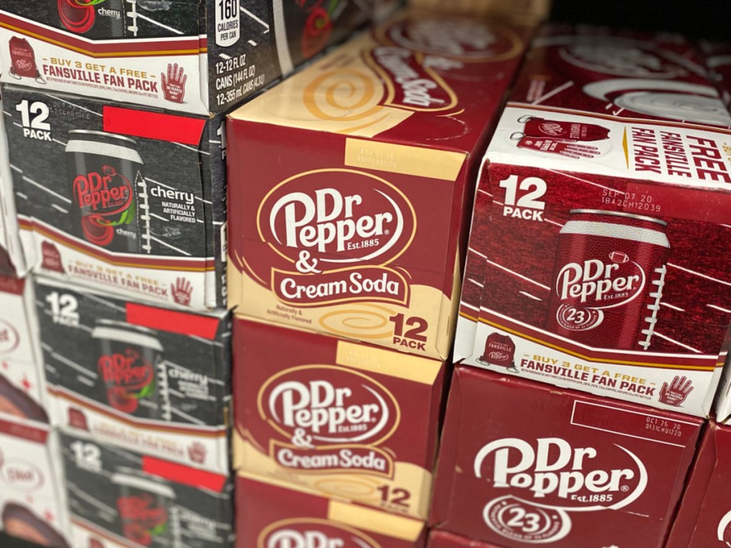 Dr. Pepper & Cream Soda stacked on store shelf
