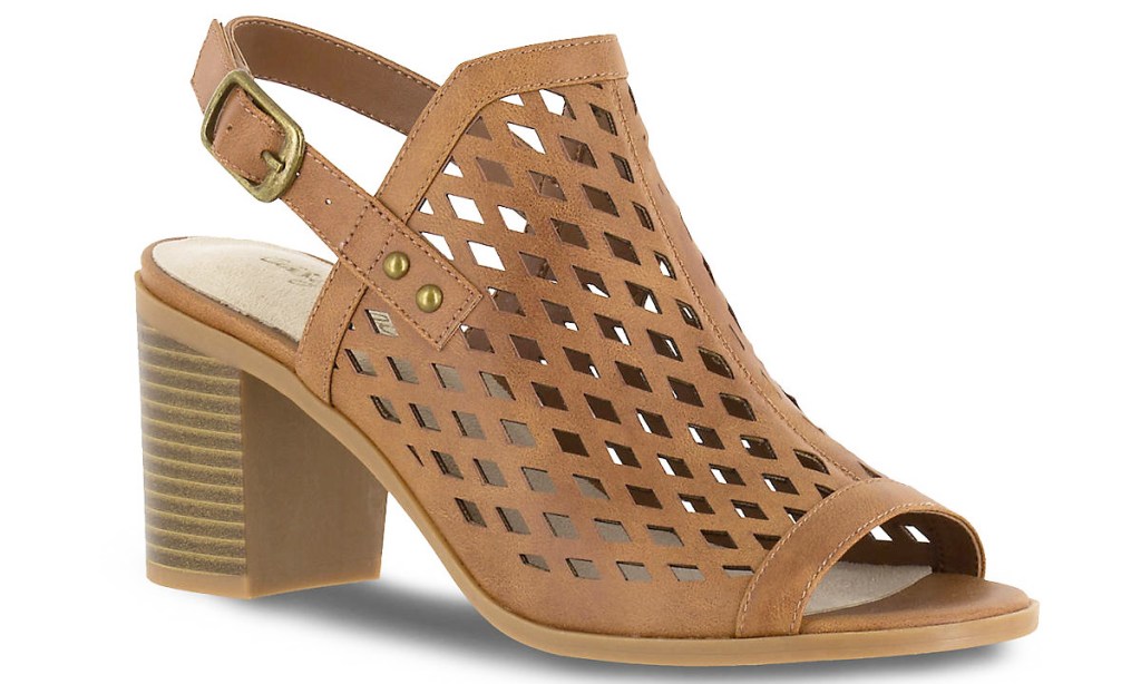 brown leather cage sandal with block heel