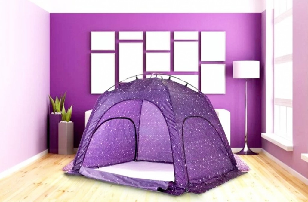 purple pop-up play tent in purple bedroom