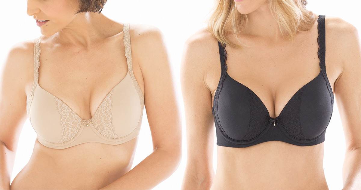 two women modeling bras in nude and black colors with lace straps