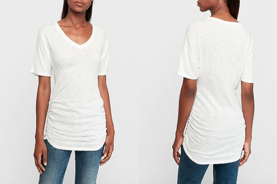 front and back view of a woman wearing a white t-shirt