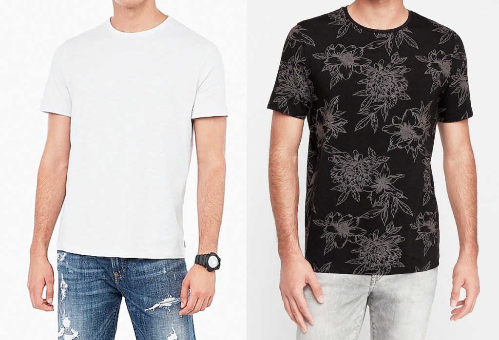 men modeling plain white tshirt and black tee with flower graphics