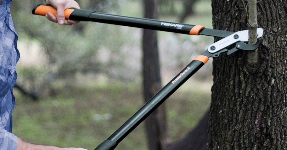 person using Fiskars loppers on a tree branch