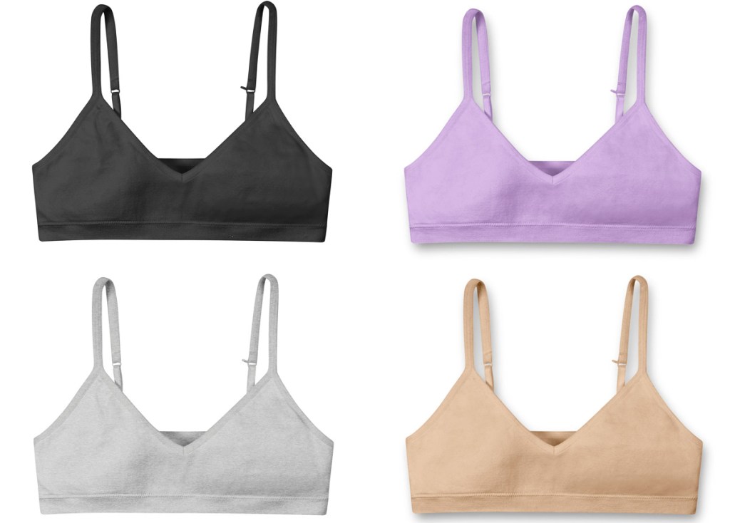 girls bras in black, grey, purple, and nude colors