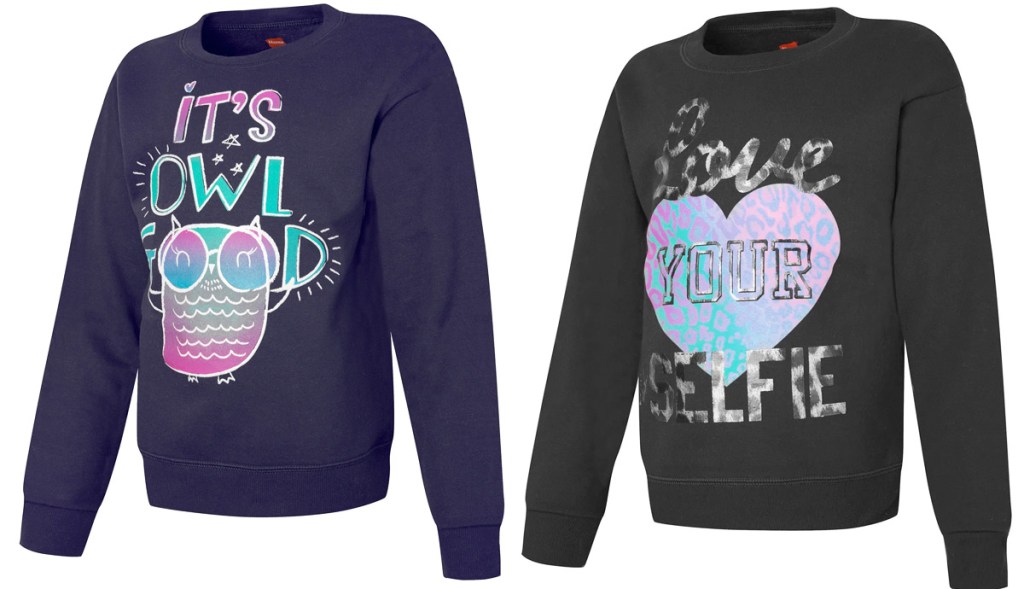 two girls pullover graphic sweatshirts
