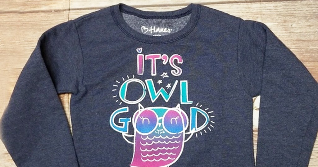 blue pullover sweatshirt with owl that says its owl good