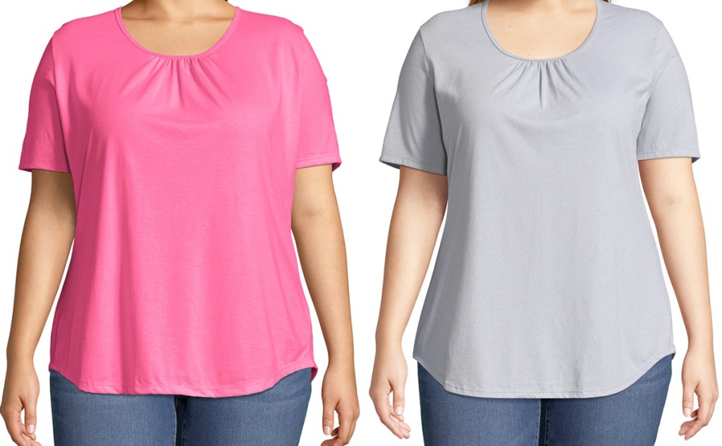 women modeling pink and light grey solid color t-shirts