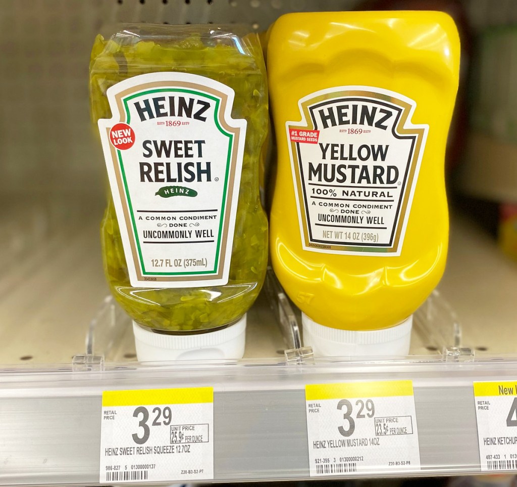 bottles of heinz brand relish and yellow mustard on store shelf