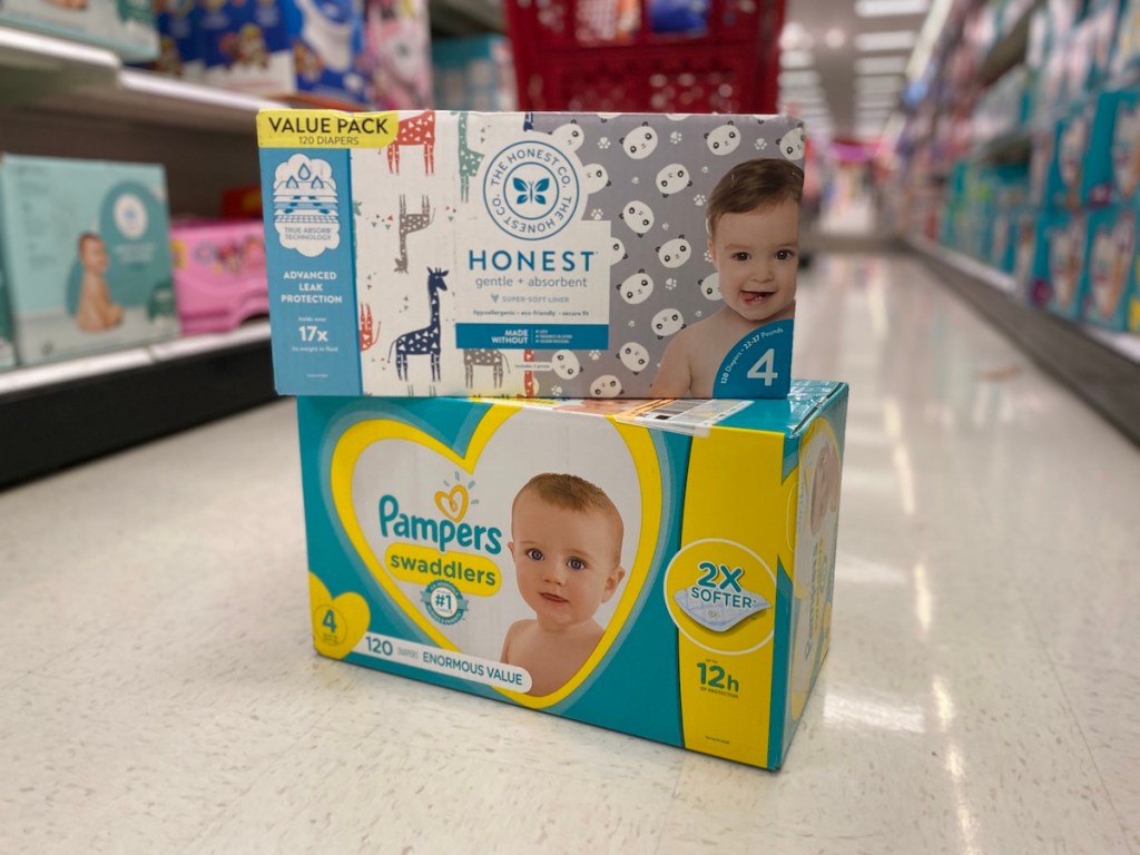 huge boxes of honest and pampers boxes on floor at target
