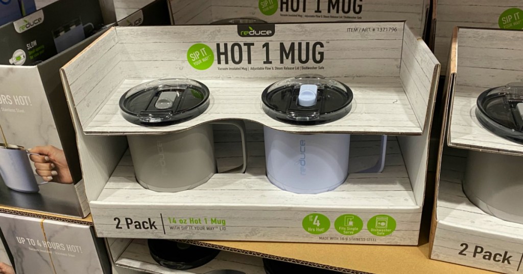 Two pack of thermal mugs in a package on display in-store