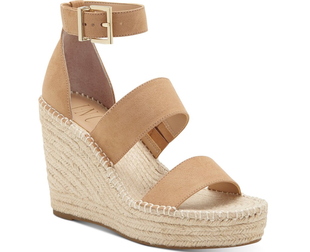 tan wedge sandals with braided wedge and gold buckle on ankle strap