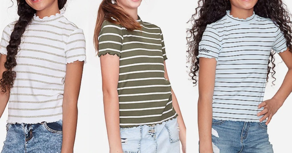 3 girls standing next to each other wearing striped short sleeve tops