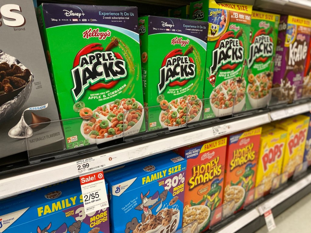 in store target shelf with boxes of cereal like apple jacks, krave, honey smacks, and pops