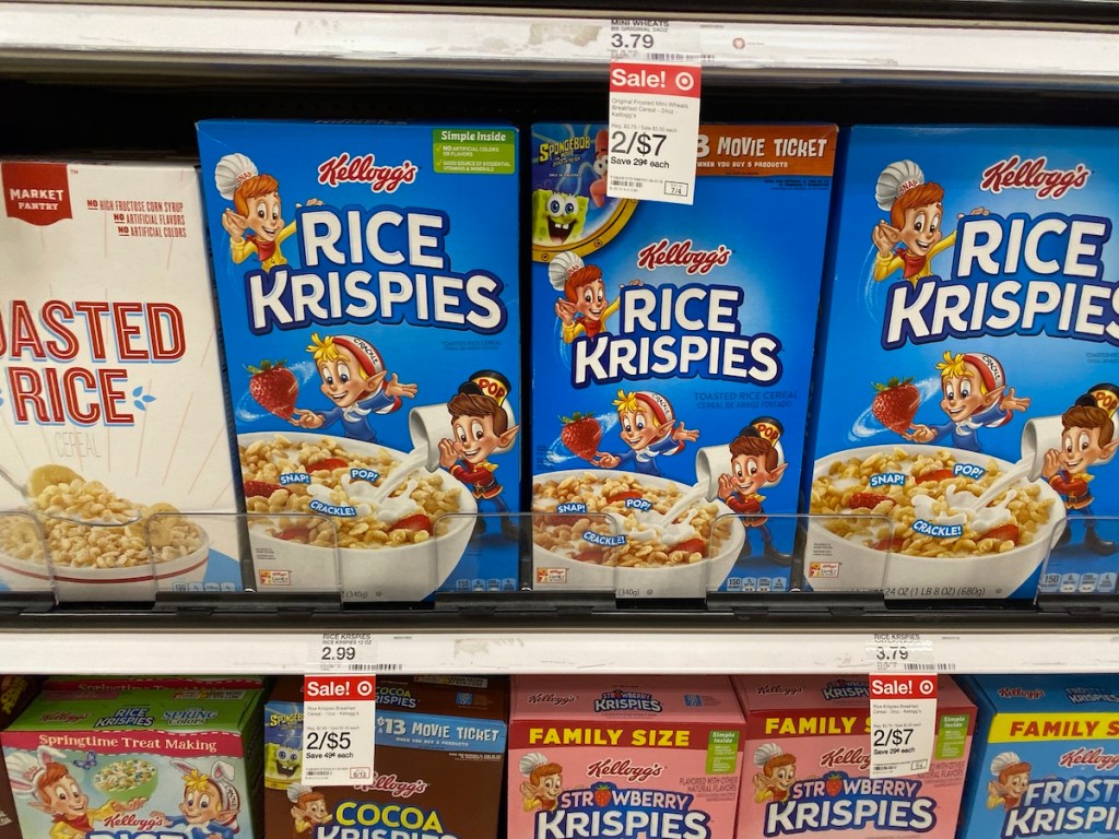 shelf with Kellogg’s Rice Krispies Cereal