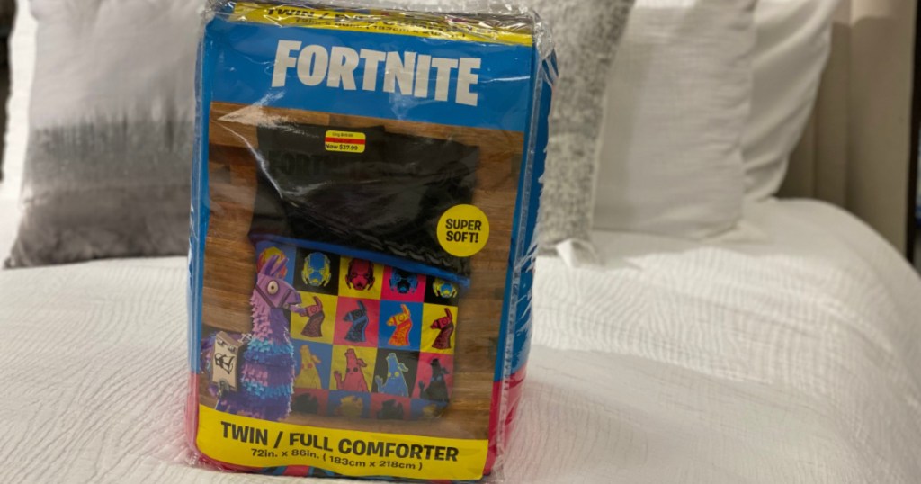 Fortnite bedding displayed on bed in store