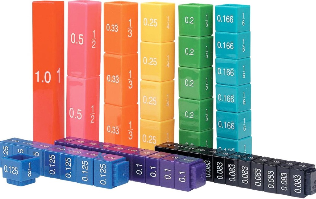 colorful blocks that snap together to create whole towers with fractions and percentages printed on each block