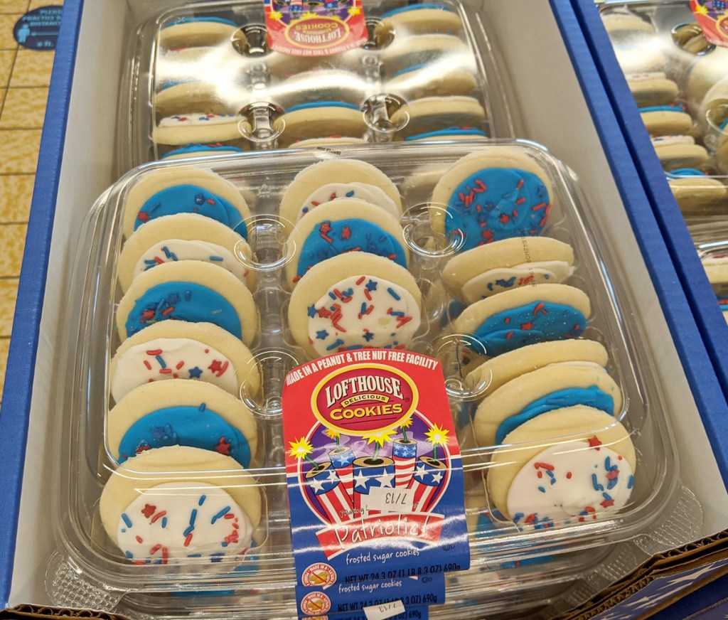 package of buttercream frosted sugar cookies with patriotic sprinkles on top
