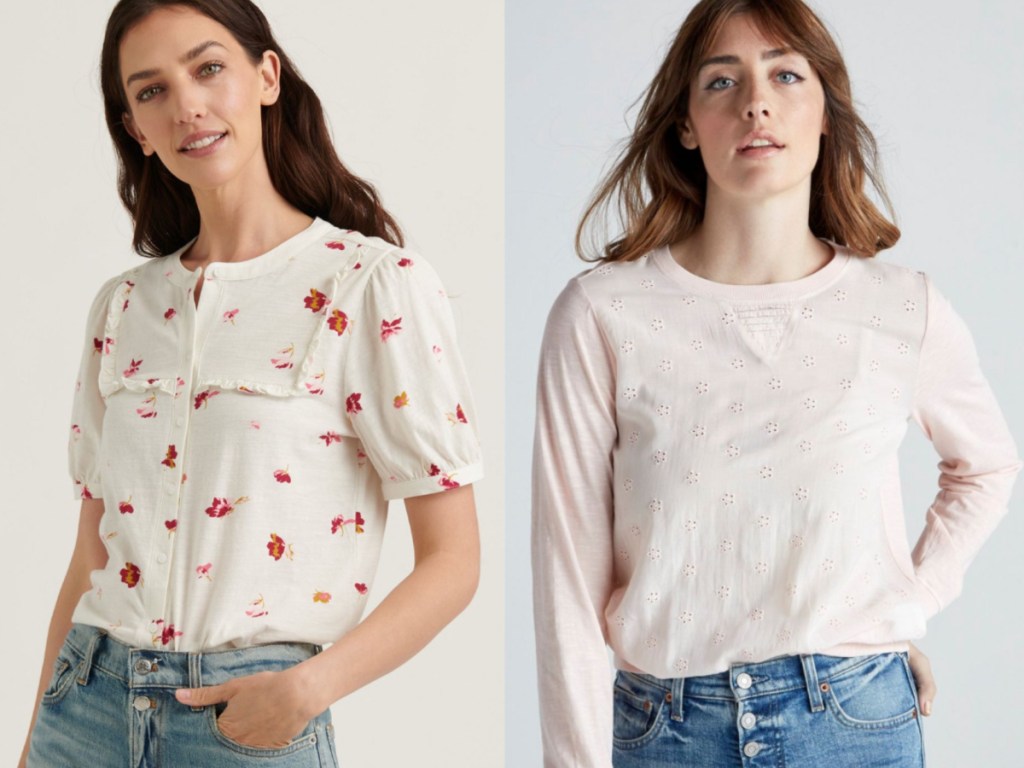 2 women standing next to each other wearing a floral shirt and eyelet shirt