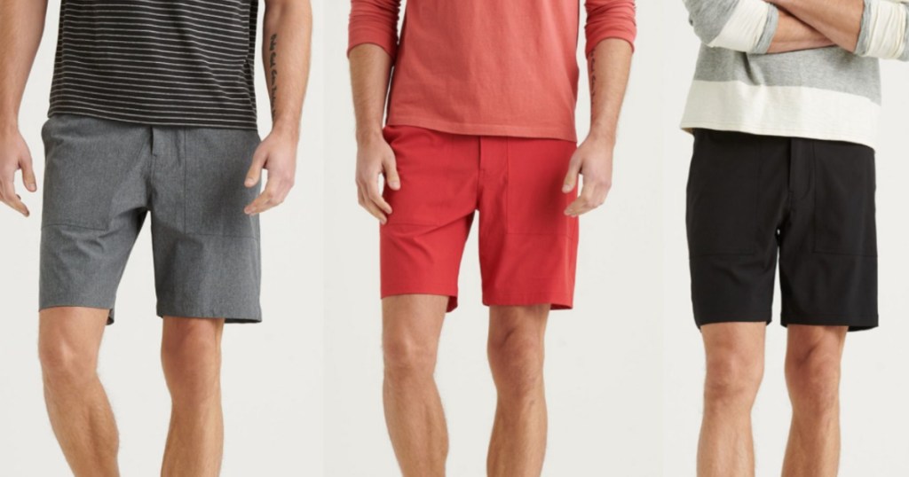 3 men standing next to each other wearing colorful shorts