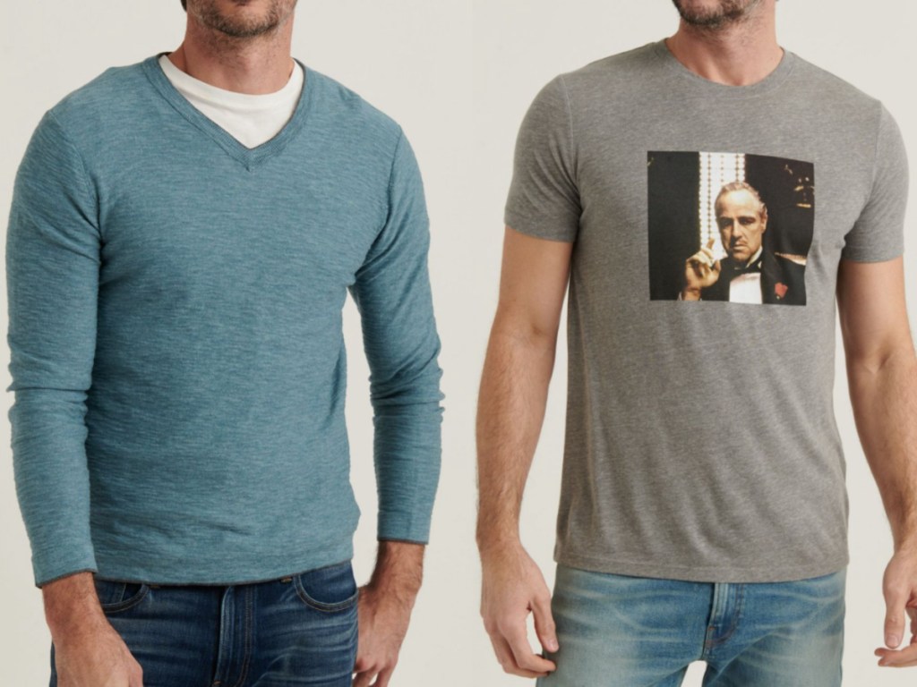 Man wearing a sweater and man wearing a t-shirt standing next to each other