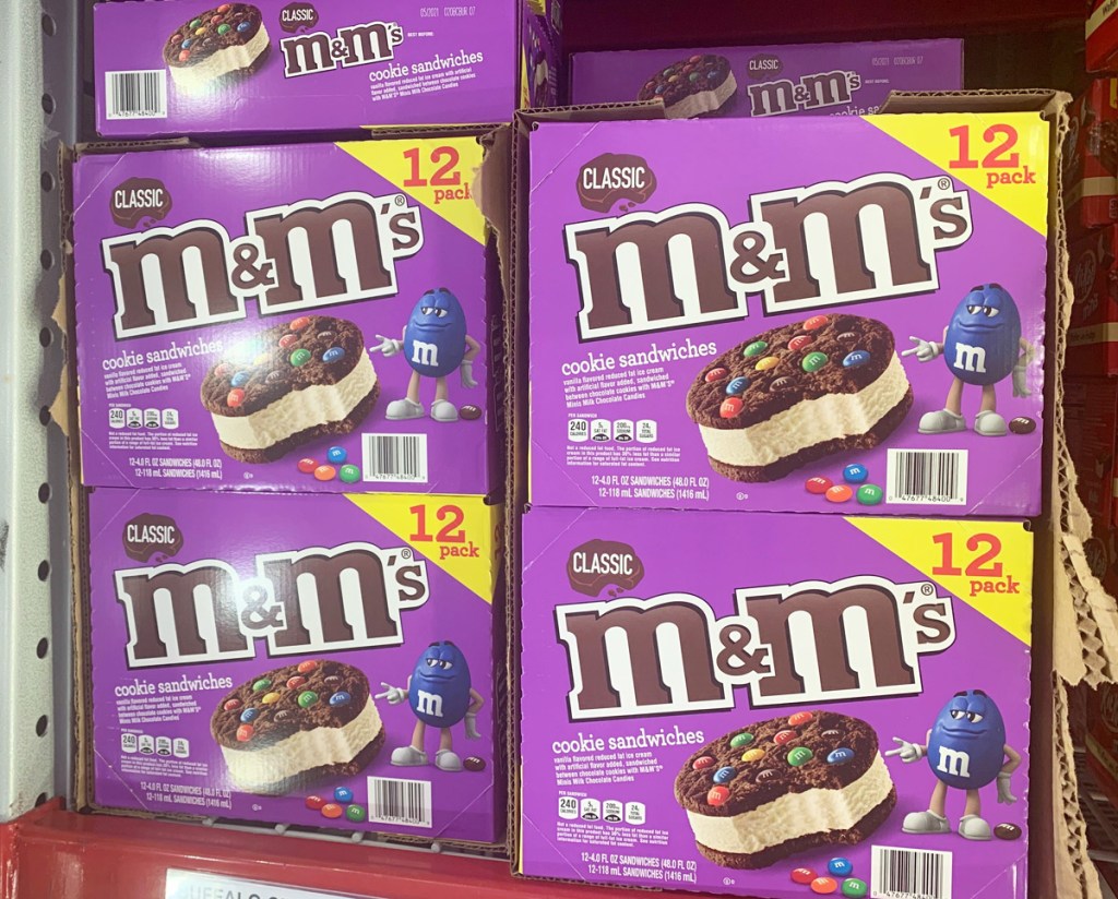 purple boxes of m&ms ice cream sandwiches