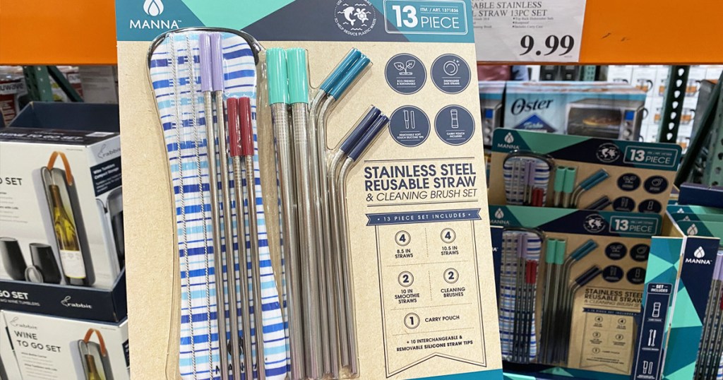 13-piece stainless steel reusable straw set with rubber tips and carrying pouch in front of store display