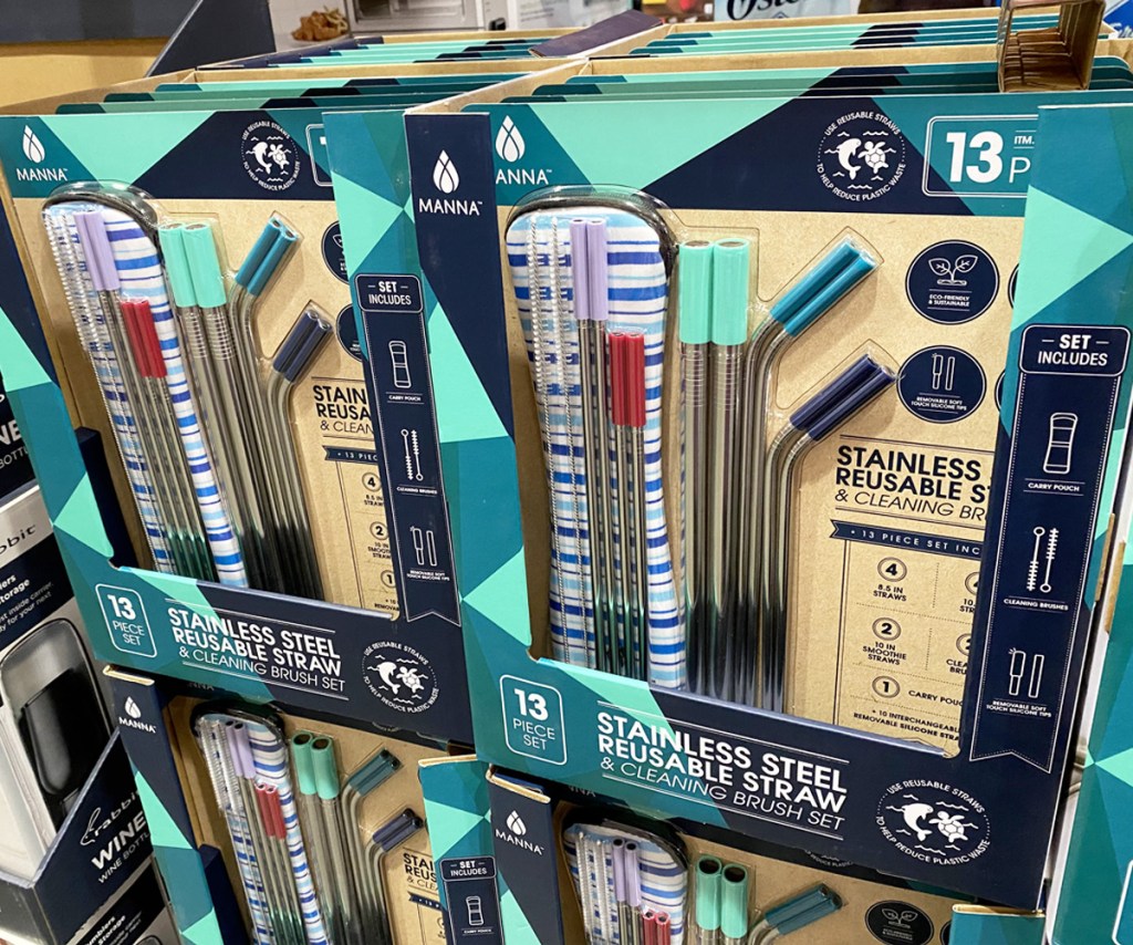 store display with packages of 13-piece stainless steel reusable straw sets