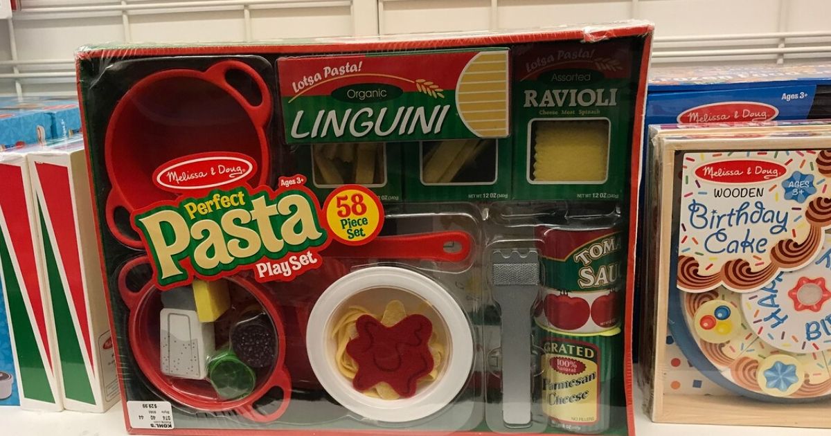 pasta play set with bowls, food, and accessories in packaging