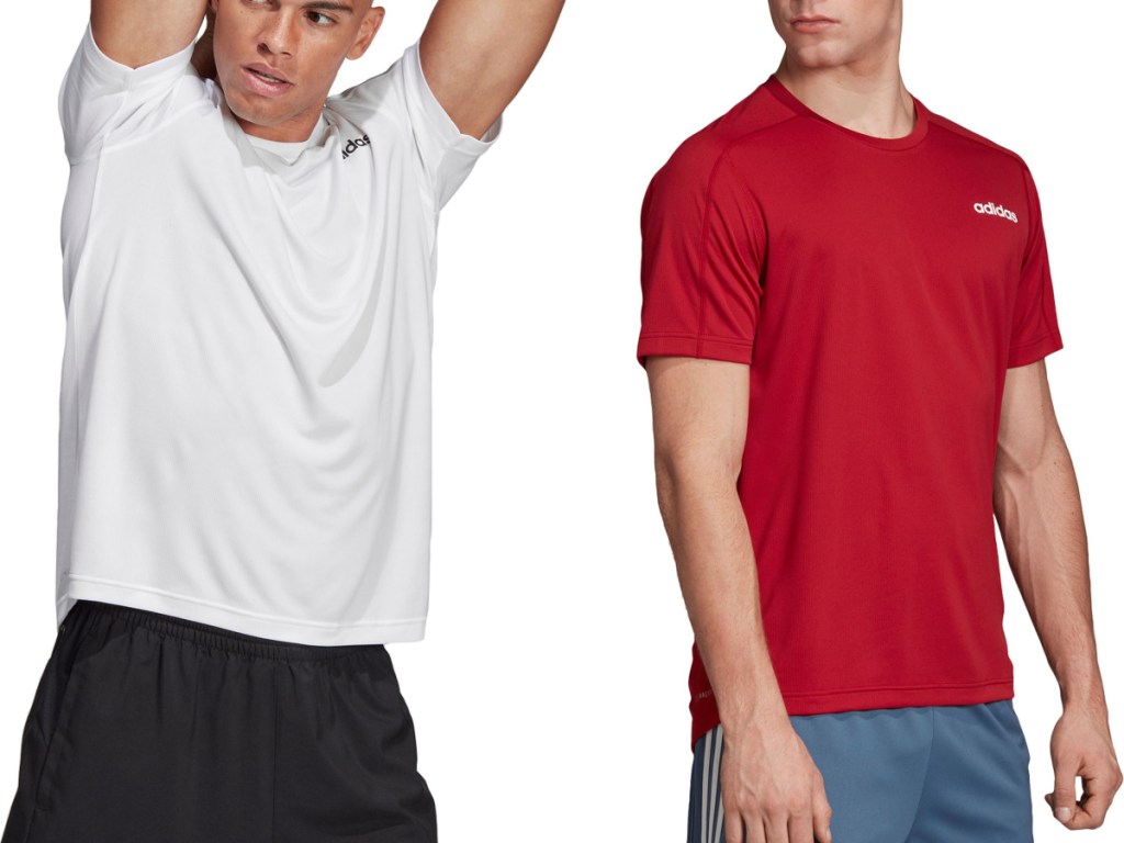 two men wearing solid white or solid red adidas design 2 move t-shirts